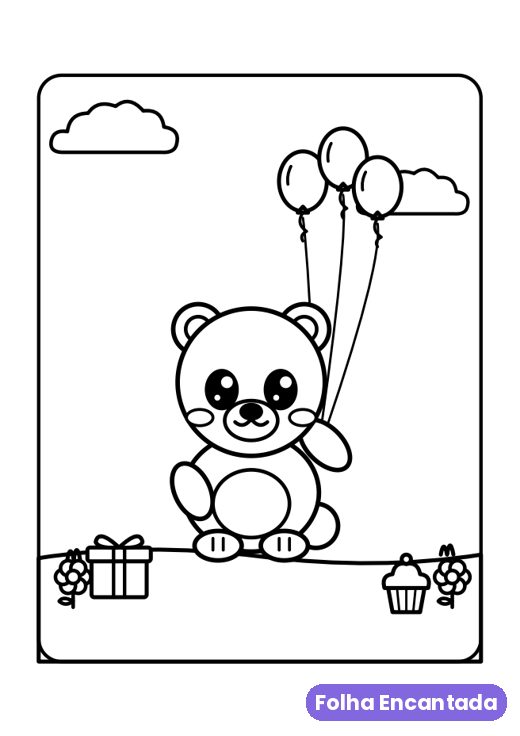 Desenho para colorir de um ursinho com balões