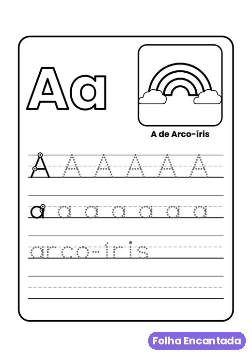 Página da letra A com arco-íris e linhas para cobrir