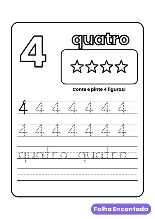 Página do número 4 com estrelas para contar